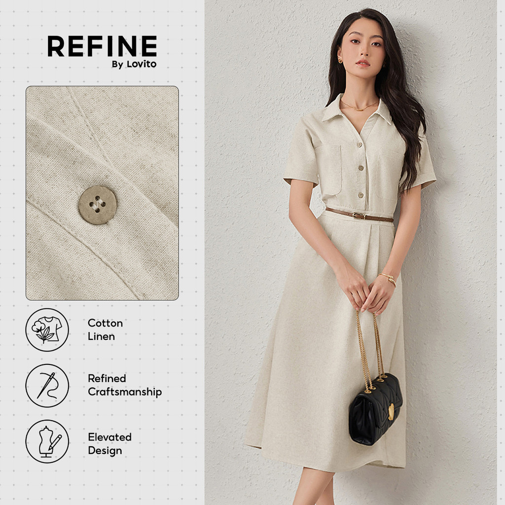 (Refine by Lovito)Vestido Social AlgodãoLinho AntiUmidade Bolso Dupla Camada Cáqui Claro DRR42P1D014