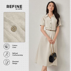 (Refine by Lovito)Vestido Social AlgodãoLinho AntiUmidade Bolso Dupla Camada Cáqui Claro DRR42P1D014