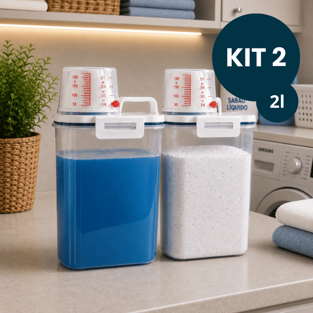 - Kit 2 Potes Hermético 2L com Copo Medidor 180ml Bico Dosador Multiuso Cozinha Lavanderia e Ração Pet