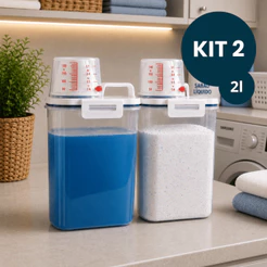 - Kit 2 Potes Hermético 2L com Copo Medidor 180ml Bico Dosador Multiuso Cozinha Lavanderia e Ração Pet