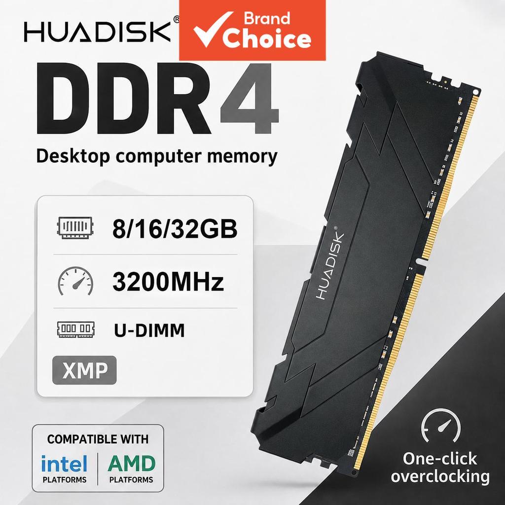 HUADISK DDR4 8GB 16GB 32GB 3200MHz Memória RAM para desktop com dissipador preto UDIMM 288 pinos compatível com