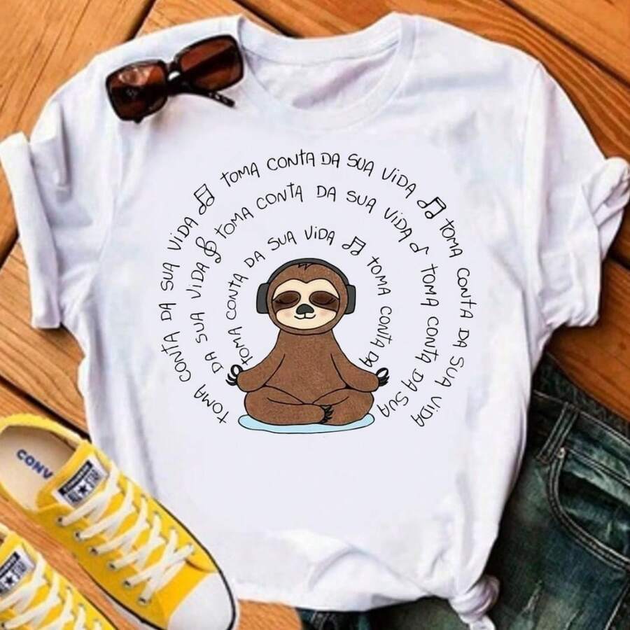 Camiseta Estampada Feminina Preguiça Vibes Desenho Animado Engraçado Blusa Casual Confortável 100% Algodão
