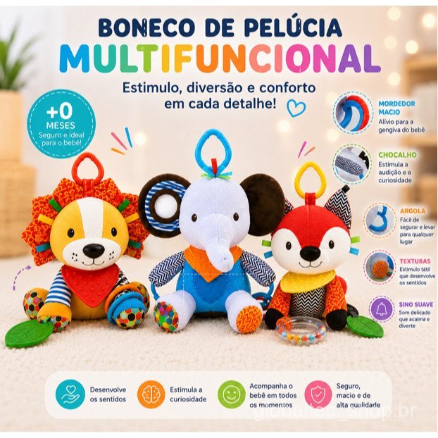 Brinquedo Bebe e Crianças Sensorial Animais de Pelúcia com Mordedor e Chocalho