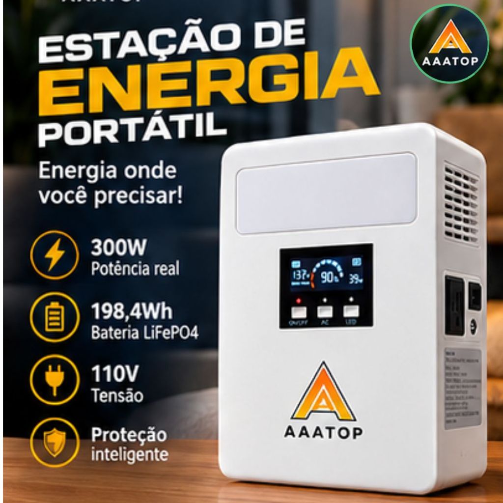 Estação De Energia Portátil 300W 198,4Wh LiFePO4 110V USB-C USB-A DC 12V AAATOP Camping Emergência