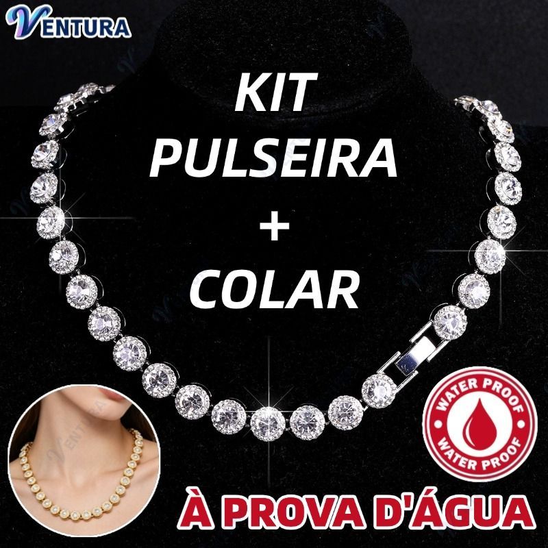 Conjunto Corrente Cubana Redonda e Pulseira Unissex Cravejada com Diamantes Prateado Hip Hop-VE