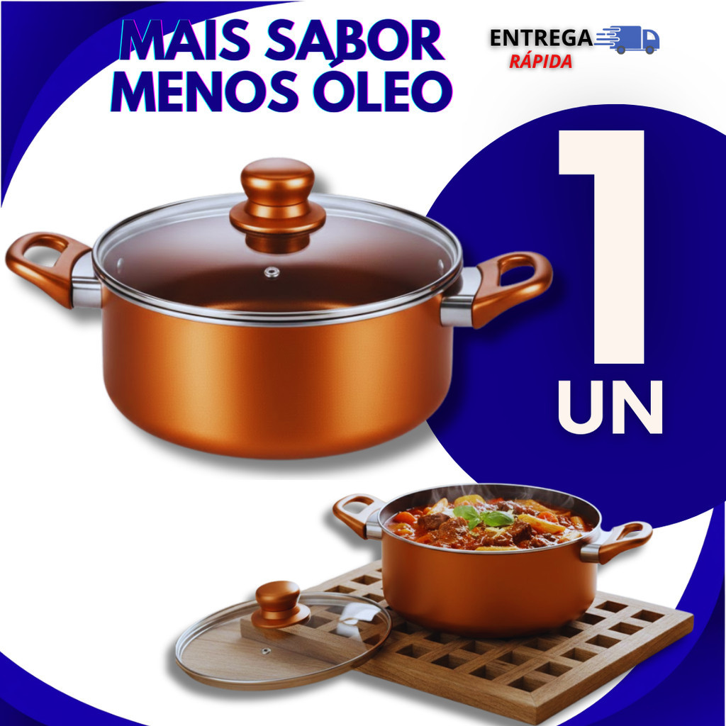 Panela Caçarola Cobre 20 cm Antiaderente Com Tampa De Vidro Camadas De Teflon Utilidades Panelas