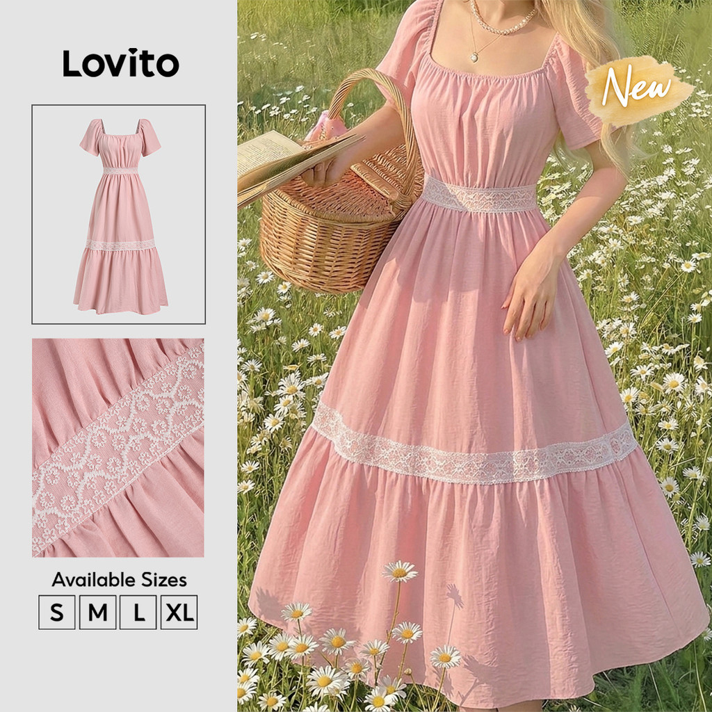 (New Arrival) Lovito Casual Lace Tiered Layer Ruffle Long Layered Spring Summer Holiday Weekend Pink Dress for Women Bordado DRB39BR047