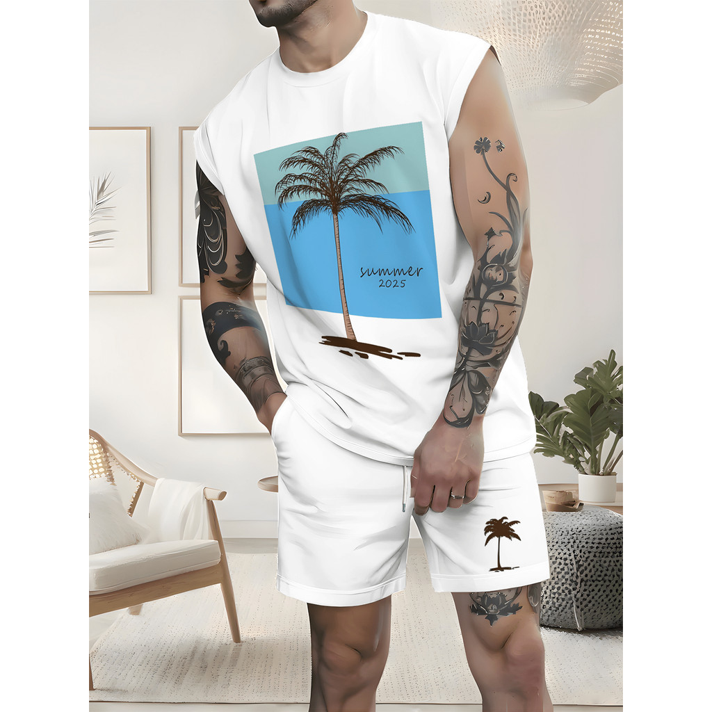 Conjunto Masculino Regata Machão e Bermuda Coqueiro Tropical Praia Verão Casual Estampado Camiseta Esportiva Leve Verão