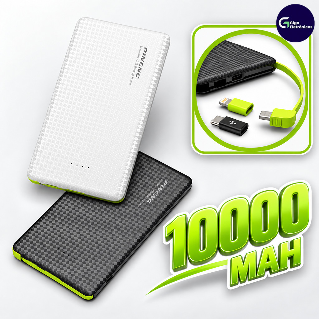 Carregador Portátil Pineng Power Bank 10.000mAh Com Adaptador Para iPhone E Android (V8)