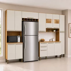 Cozinha Completa 100% Mdf com 5 Peças 13 Portas e 2 Gavetas com Vidro e Tampo Itália Espresso Móveis Amêndoa/Off