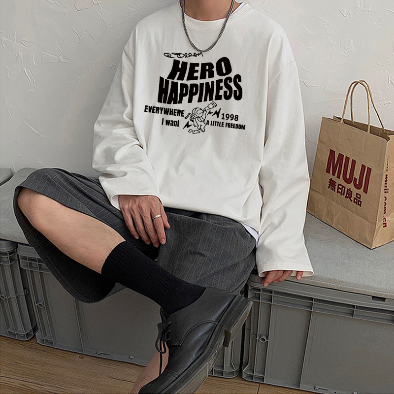 Camiseta de manga comprida de algodão puro meninos primavera outono carta impressão na moda estudantes solto camisa de f