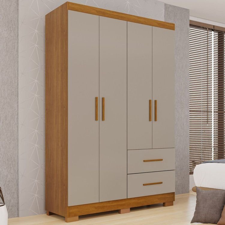 Guarda-Roupa Solteiro 4 Portas 2 Gavetas Estrela Premium Off White/Cinamomo/Off-White Off-White/Cinamomo