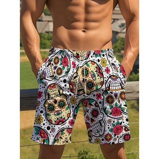 Shorts corpo branco, flores coloridas estampadas de caveira, Design com cordão, bolsos em ambos os lados