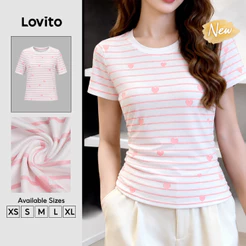 (New Arrival) Lovito Casual Camiseta Manga Curta Gola Redonda Rosa Coração Estampa Contraste Lazer Primavera Verão Fim De Semana Para Mulheres TSB204P1D633