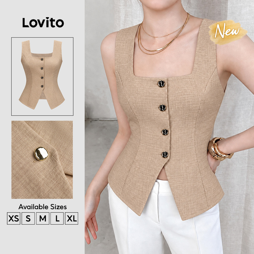 (New Arrival) Lovito Casual Sleeveless Square Neck Button Spring Summer Weekend Workwear Khaki Top for Women TKK10BR241