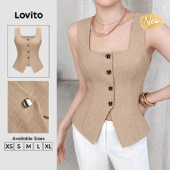Lovito Blusa Feminina Caqui Casual Sem Mangas Gola Quadrada e Botão Primavera Verão Fim de Semana e Traje de Trabalho TKK10BR241