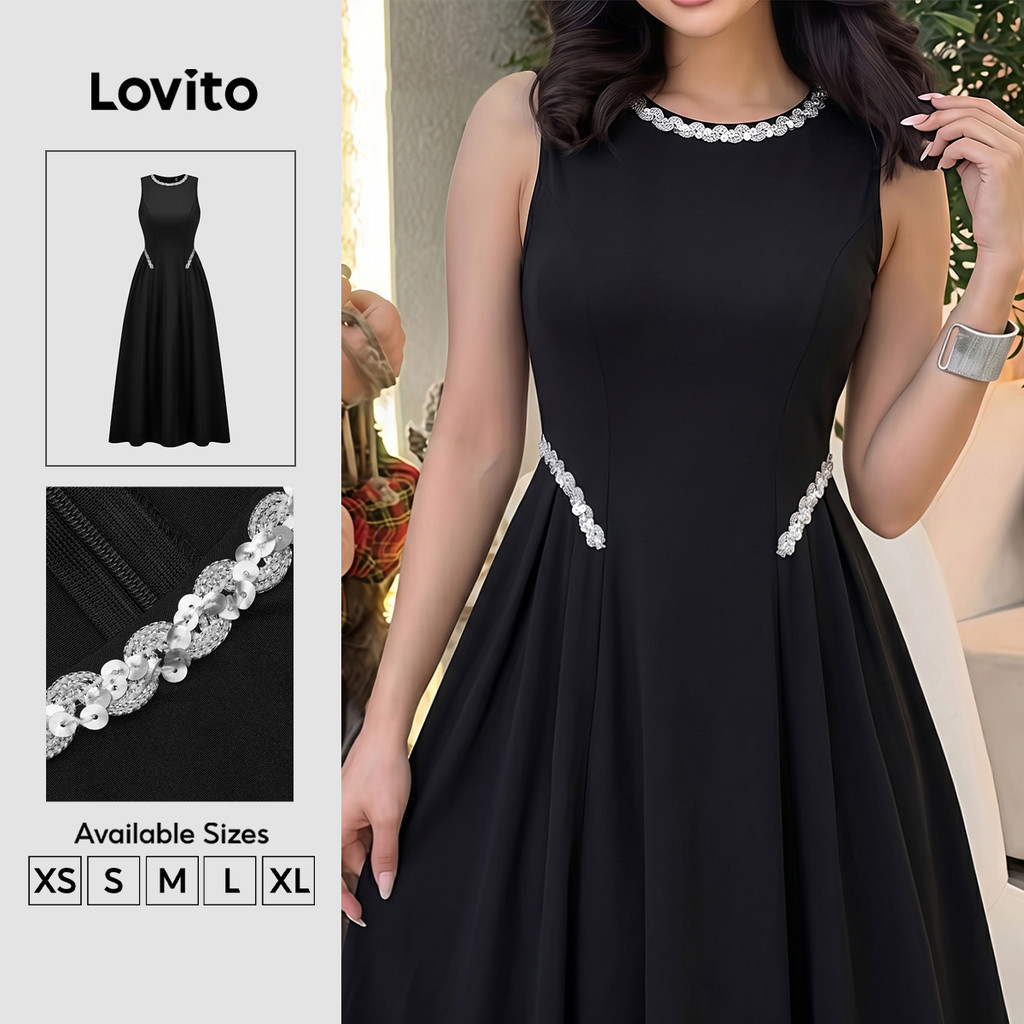 Lovito Vestido Elegante com Strass Primavera/verão Preto para Mulheres LK4ED201