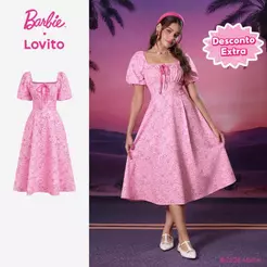 Barbie™ X Lovito Vestido Rosa Longo Feminino Primavera/Verão Modelo A Laço Grande Pregas e Zíper LBL5AD014