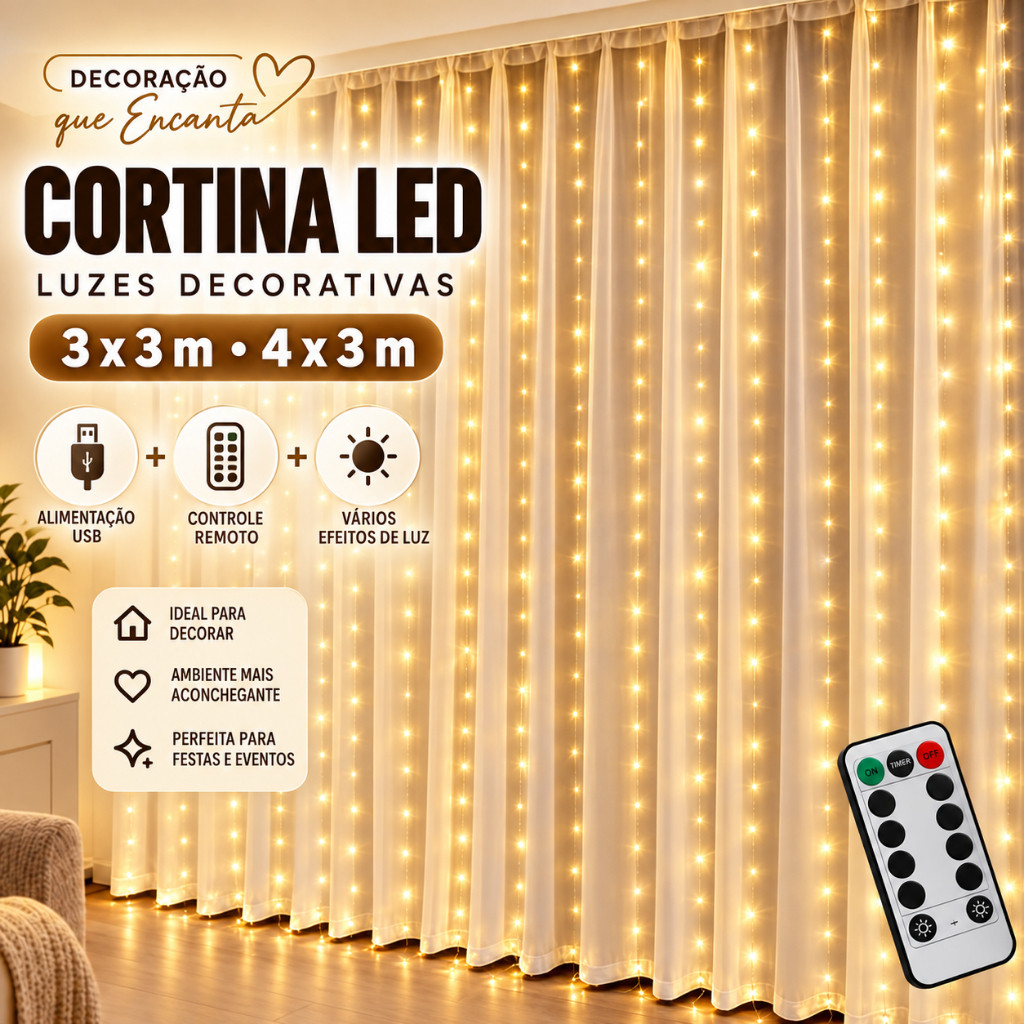 Cortina De led Fio De Fada 310 LED 3X2M e 3X3M 8 Modos Com Controle Para Decoração Quarto/Natal/Casamento