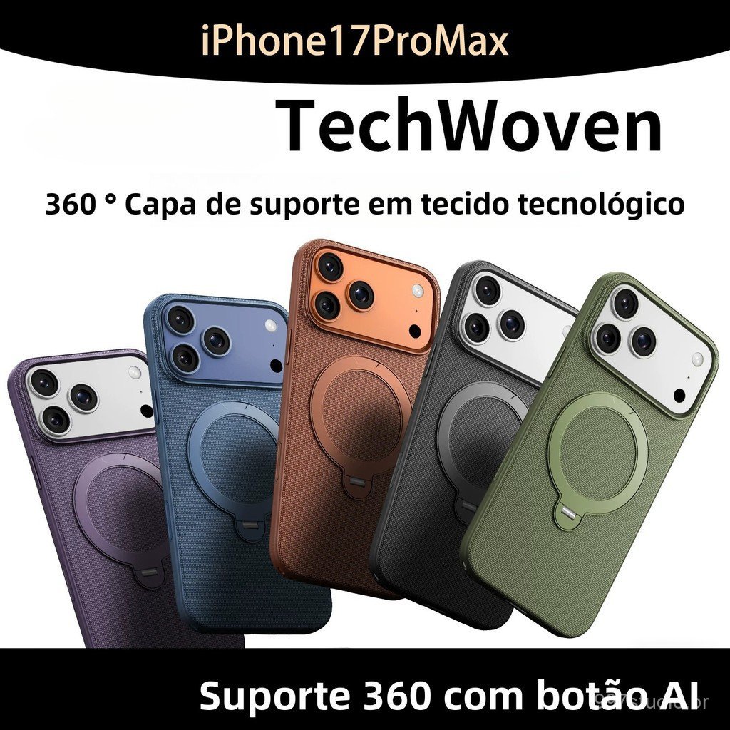 Capinha para iPhone 18 Pro Max, capa protetora de tecido tecnológico com suporte magnético giratório 360°