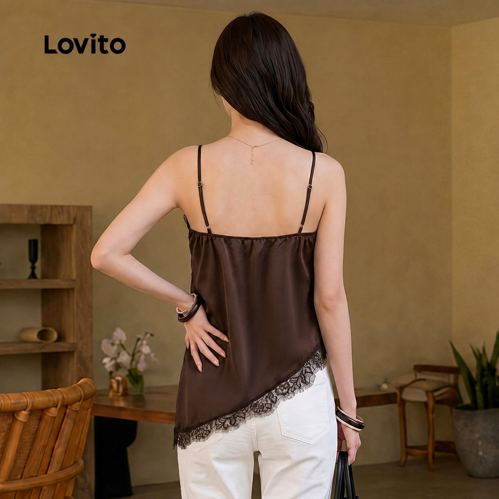 Lovito Top Preto Sexy Sem Mangas Com Alças Finas Gola Com Babado Assimétrico E Vazado Casual Primavera/Verão Para Fim De Semana Para Mulheres TKB203TD135 · foto 2