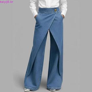 Novo Sólido Casual Falso Denim Impresso Botão Calças De Perna Reta Com Bainha Extra Longa