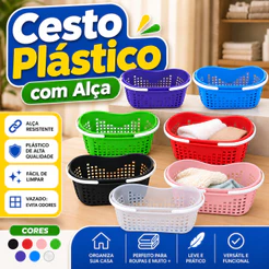 Cesto com Alça Plástico Reforçado Multiuso Lavanderia Prendedor Roupa Organização Casa Escritório