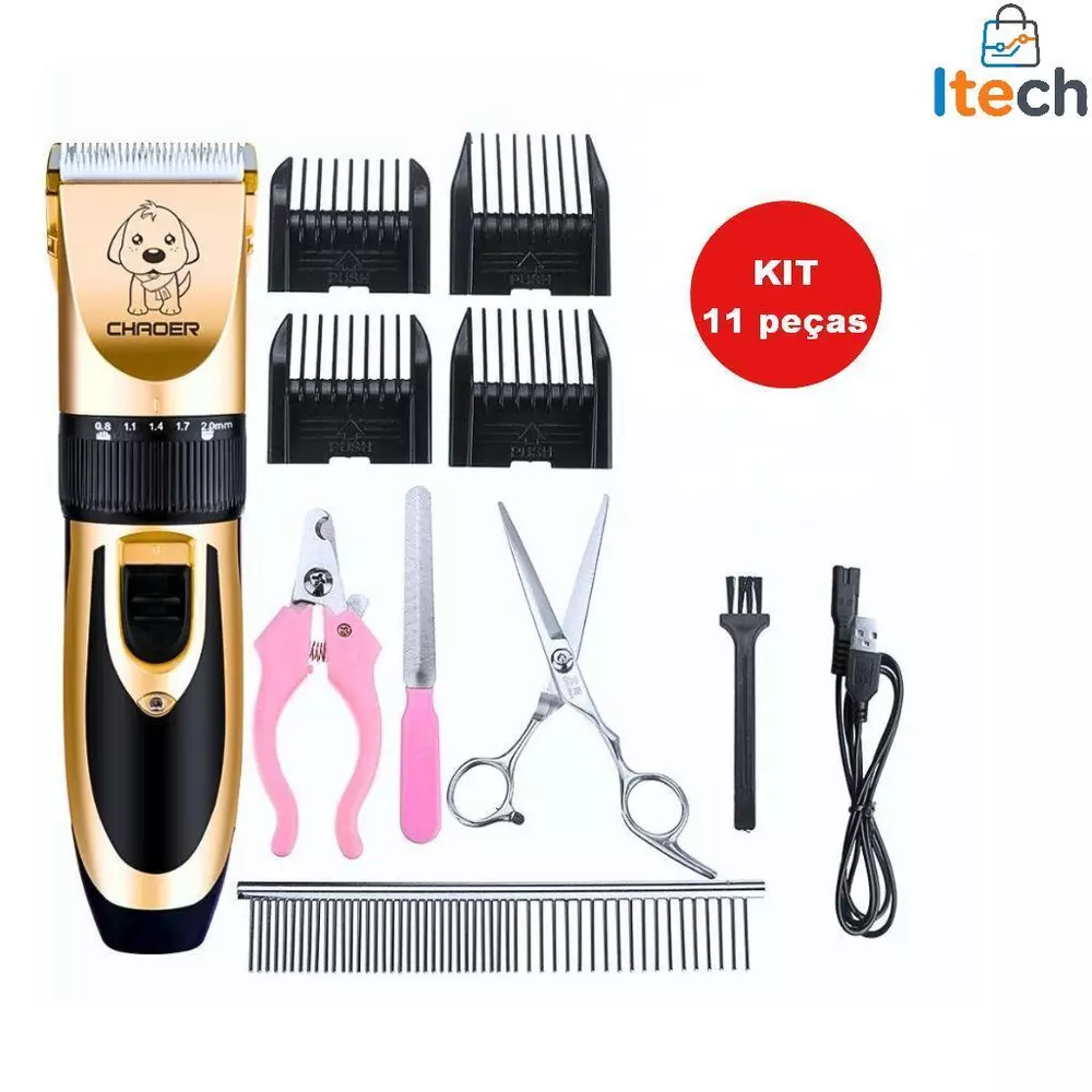 Kit Máquina de Tosar Profissional 11 Peças, Tosador para Gatos e Cachorros, Corte de Pelos Pet-itech