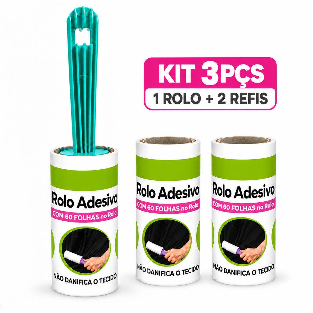 Kit Rolo Adesivo Tira Pelos e Fiapos 3 Peças com 1 Rolo + 2 Refis para Roupas Sofá Pet Cães e Gatos