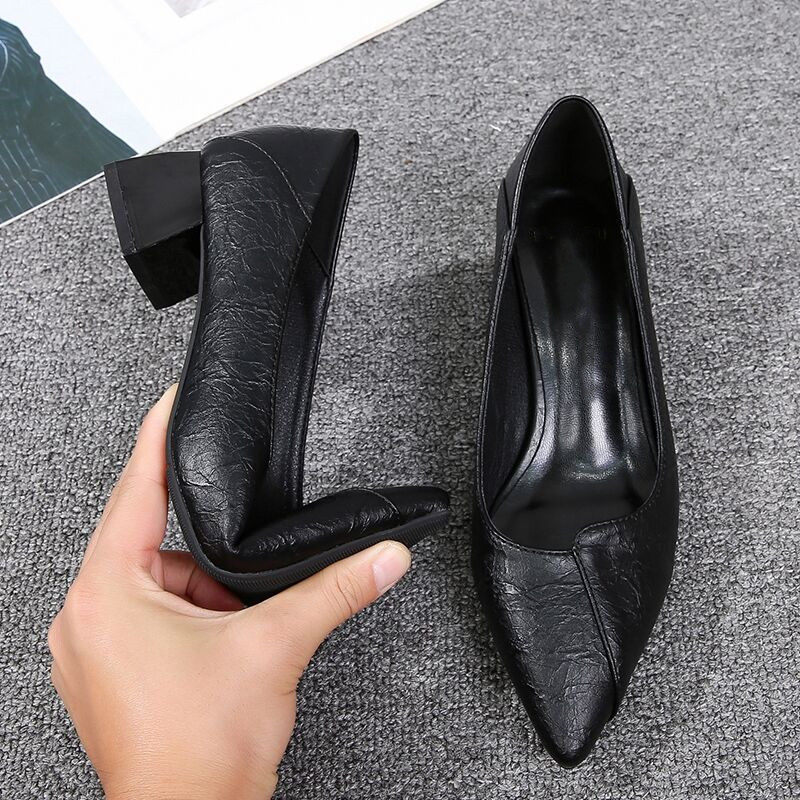 Sapatos de trabalho femininos preto sola macia salto grosso sapatos de couro genuíno profissional entrevista de trabalho