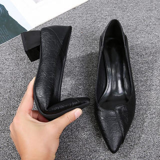 Sapatos de trabalho femininos preto sola macia salto grosso sapatos de couro genuíno profissional entrevista de trabalho