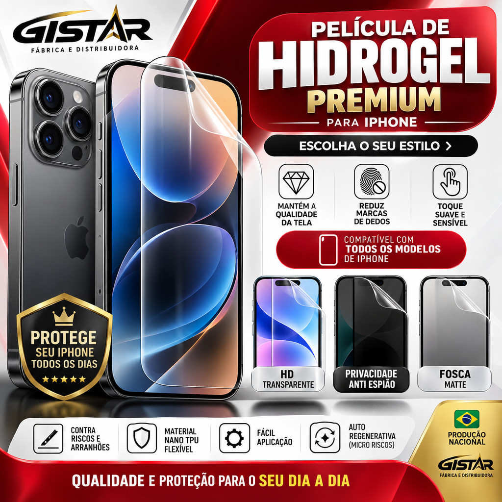 Película Hidrogel HD, Privacidade ou Fosca P/ iPhone 18, 17, 16, 15, 14, 13, 12, 11 8, Mini, XR, X, XS Pro Max, Plus Pro
