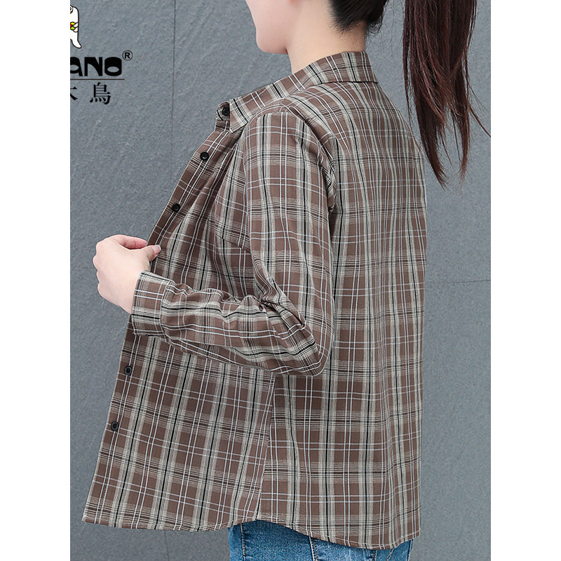 Woodpecker camisa xadrez de algodão genuíno feminina de manga comprida primavera outono novo estilo mãe estilo ocidental