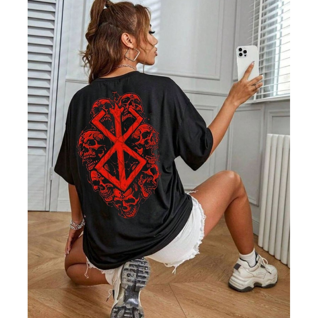 [Camiseta Premium em Algodão Puro]LILI Camiseta Oversized Caveira Berserk Treino Academia Larga Fit