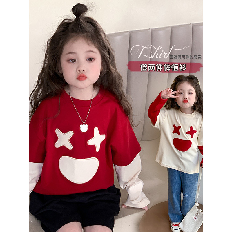 Meninas primavera outono 2026 novo estilo crianças estilo ocidental puro algodão outono camiseta bebê moda t outono fals