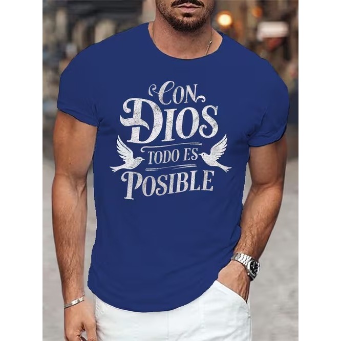 Camiseta Masculina Manga Curta Estampada Con Dios Todo Es Posible com Pombas Confortável Moderna Elegante Estilosa