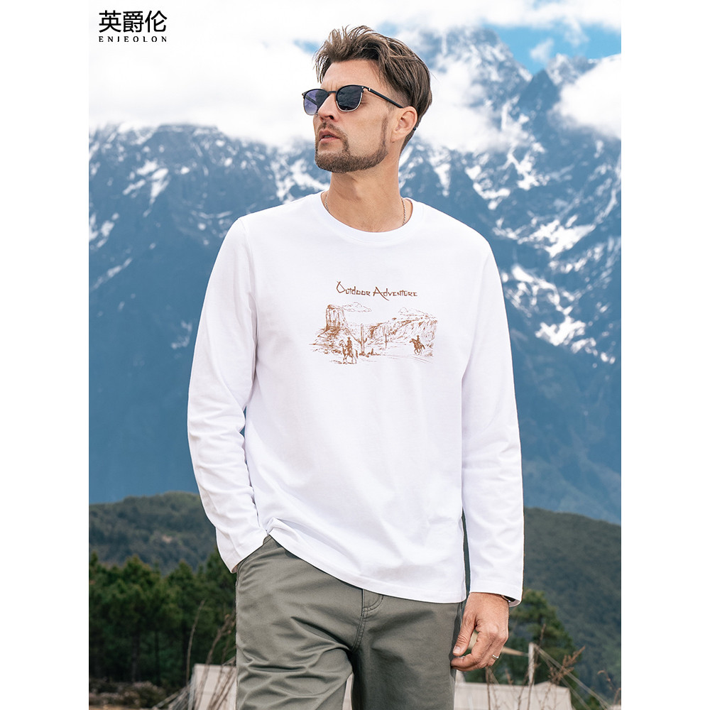 Britânico Julen 230G pesado algodão de manga comprida camiseta masculina nova americana impressa outono puro algodão Bas