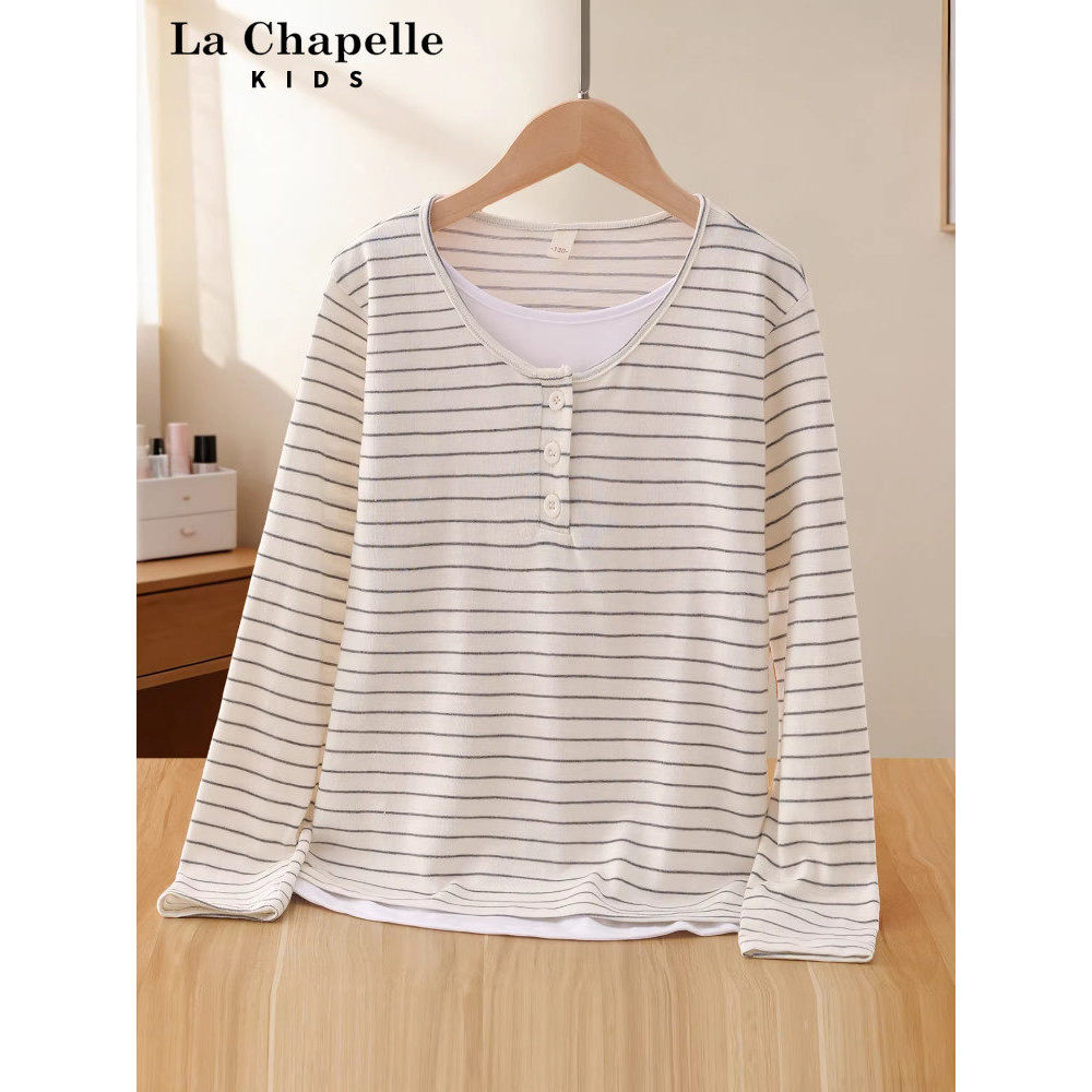Lasherbell roupas infantis meninas listrado manga comprida camiseta falso de duas peças topos crianças primavera estilo 
