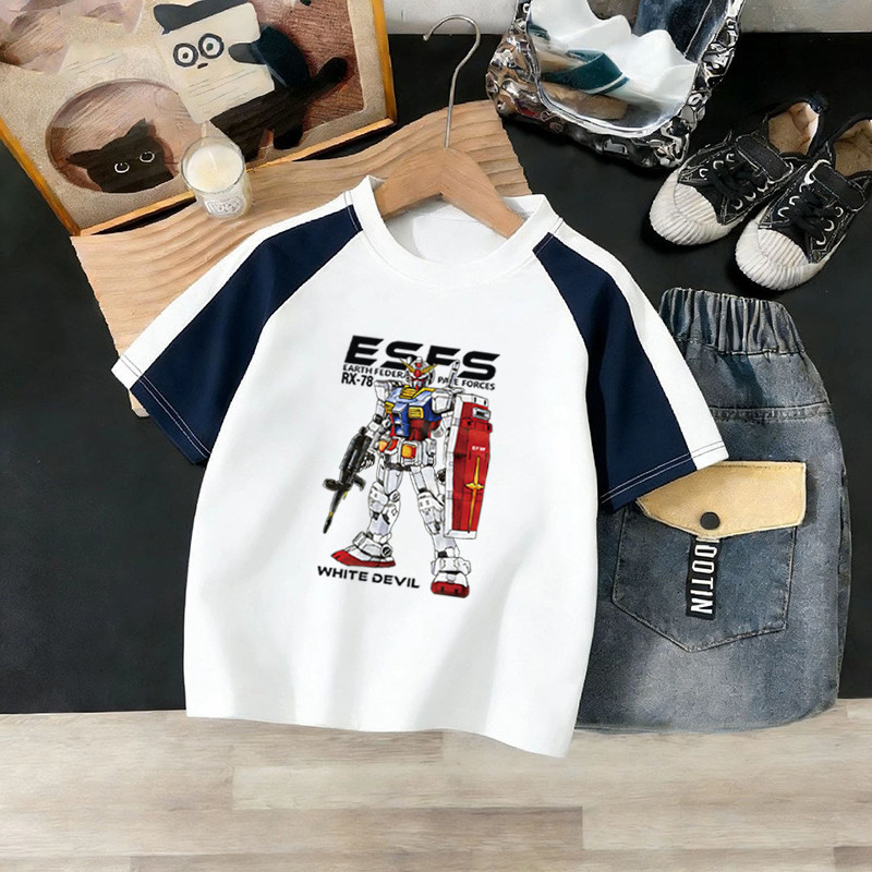 100% algodão meninos cor-bloqueando em torno do pescoço de manga curta camiseta 2026 verão médio grande crianças bebê An