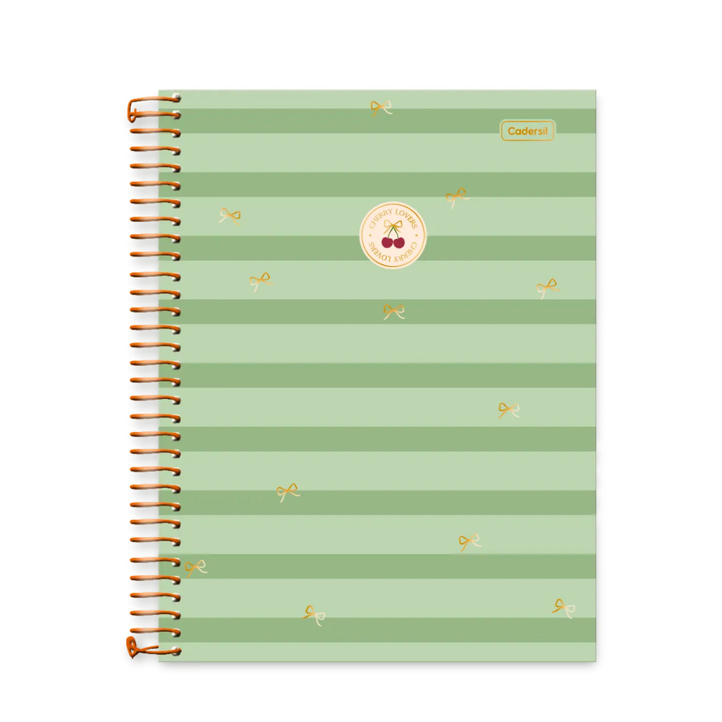 Caderno 10 Matérias Universitário Cherry Lovers 160 Folhas - CADERSIL Capa:Listrado Verde