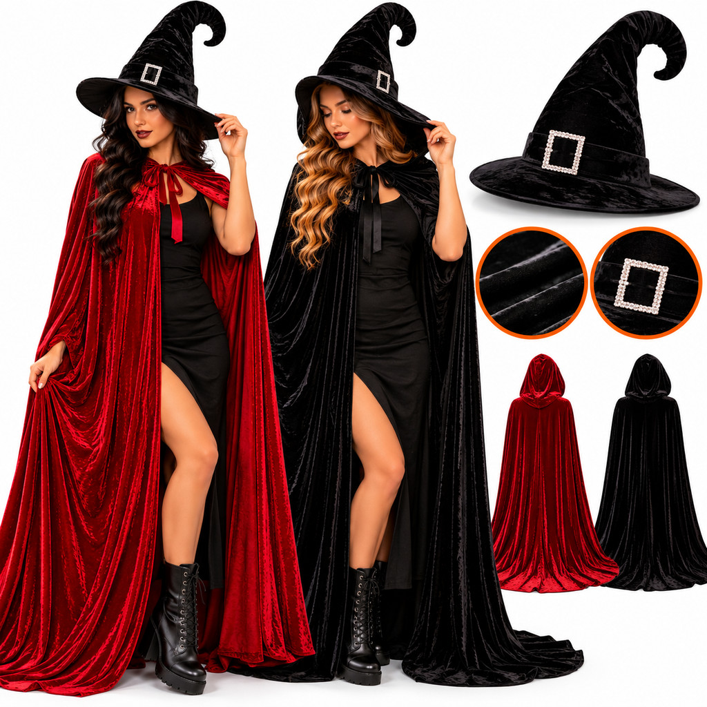 Fantasia Bruxa Halloween Capa 160cm com Chapéu de Veludo Festa Dia das Bruxas