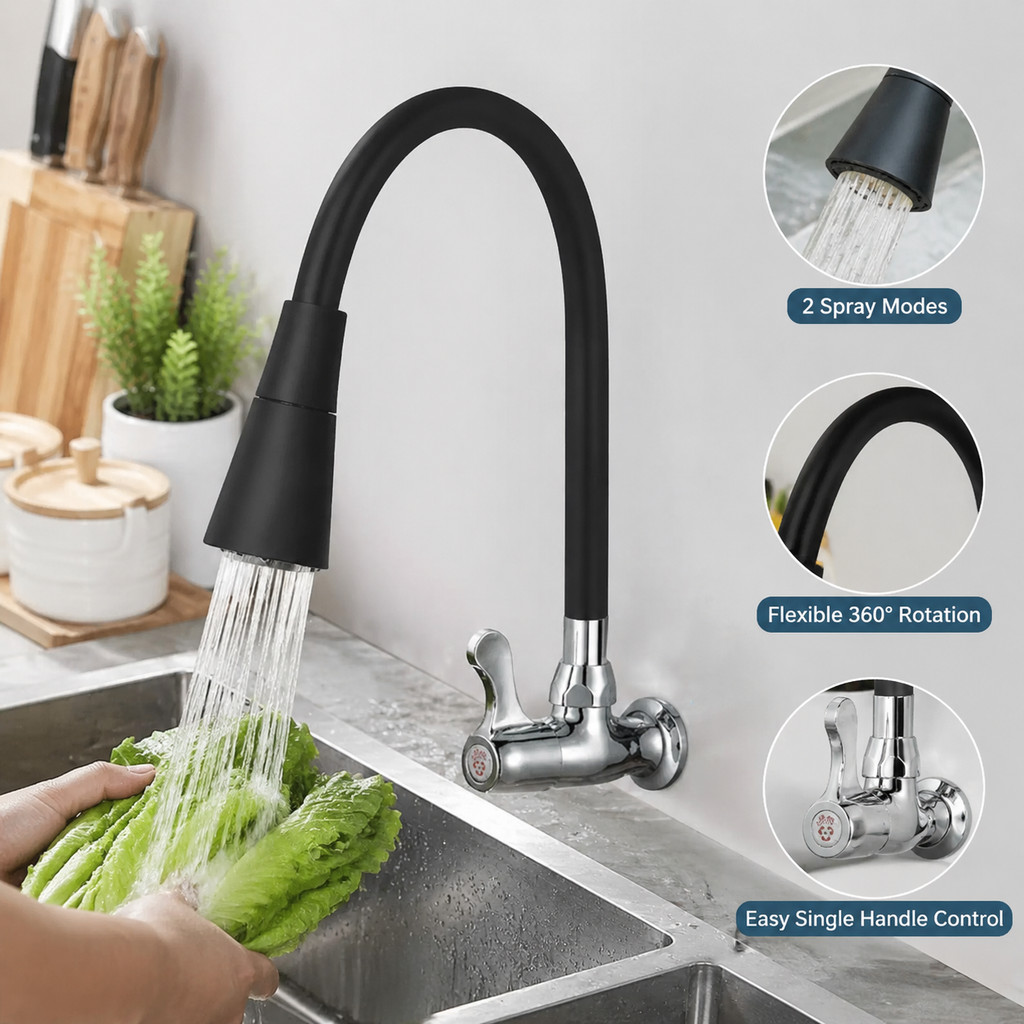 Torneira cozinha parede preta flexível Duplo Jato Cone 1/4 de Volta - Rotação 360°, Instalação na Parede