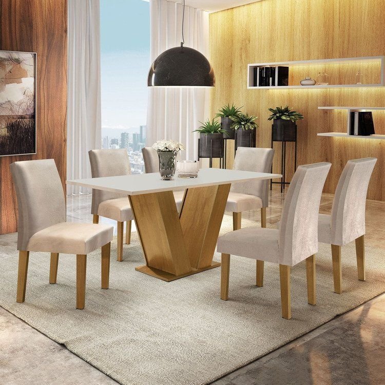 Conjunto Mesa de Jantar Tampo MDF 6 Cadeiras Espanha Yescasa Ypê/Off White/Tecido Pena