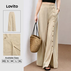 Lovito Calças Elegantes com Botões Frontais para Mulheres Estilo Casual Primavera/verão Cor caqui PTB202P2D440
