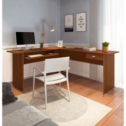 Mesa em L para Escritório Pés Antiumidade Cannes Artely 1 Gaveta 100% MDF 165cm Cedro Marrom Cedro