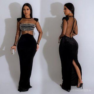 C6823 Cross-Border europeu americano moda roupas femininas cor sólida gaze diamante quente manga comprida vestido de sai
