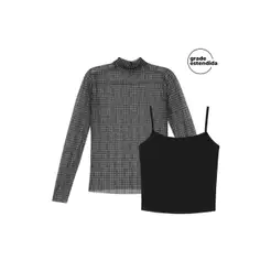 Blusa Manga Longa Feminina Tule Xadrez Marialícia Preto