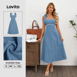 Lovito Vestido Casual com Babado No Decote Frente com Renda e Amarração Vestido Azul Primavera/verão para mulheres DRB38BR142