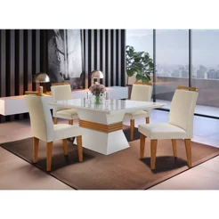 Conjunto Sala de Jantar Mesa Clarice 120x80cm Tampo Vidro/MDF Canto Reto com 4 Cadeiras Athenas Branco/Veludo Creme/Off