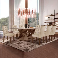 Conjunto Mesa com Vidro e 8 Cadeiras 200CMX90CM Barcelona Yescasa Chocolate/Off White/Suede Pena
